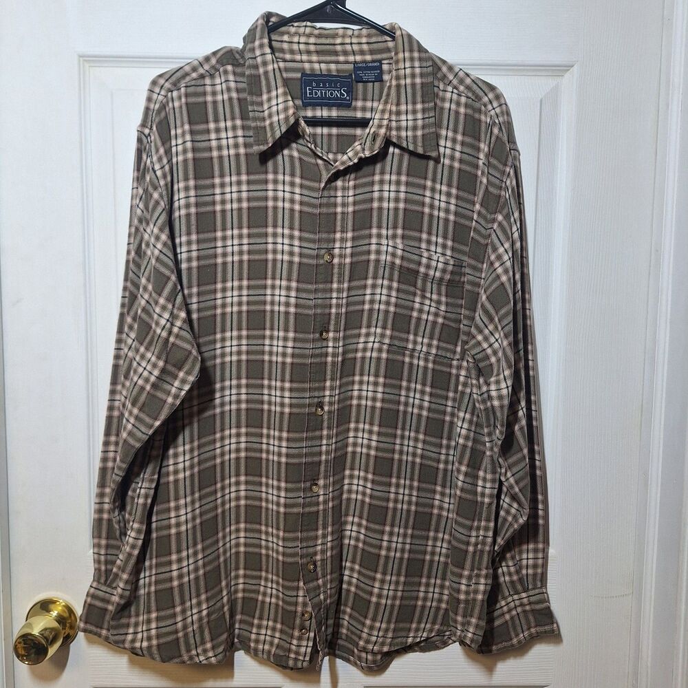 Basic Editions Vintage Green Brown Plaid Flannel Long Sleeve Shirt Grunge Size L